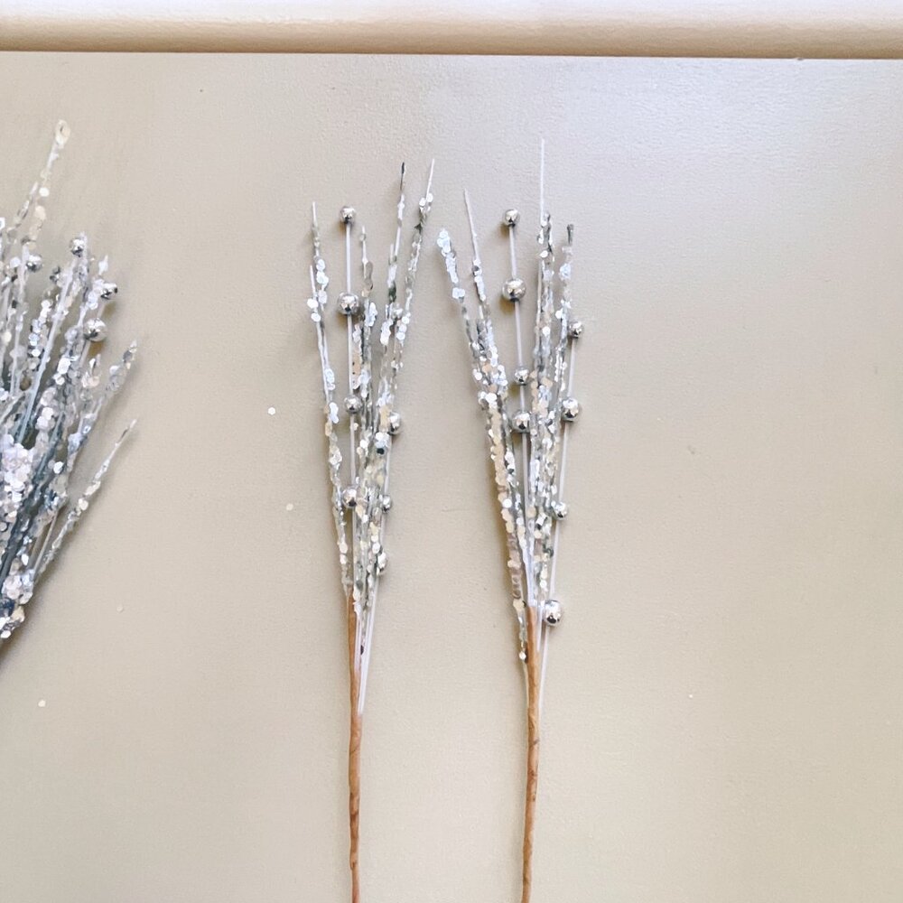 Sprays Stems Picks Silver Glitter Beaded 12" Faux Floral Tree Craft Set of 25 - Picture 3 of 5